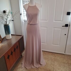 Monique Lhuillier Bridesmaid Dress‎ 4 Blush Chiffon Halter Long Evening Gown